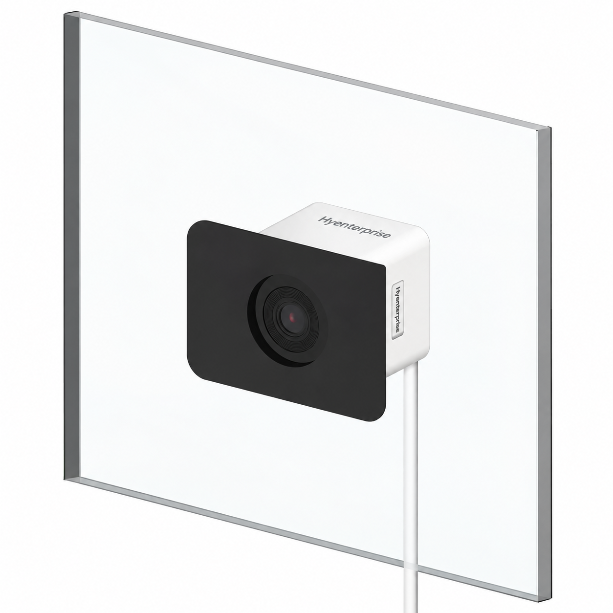 Hyenterprise Window Security Cam mounted inside a window, seen from the front