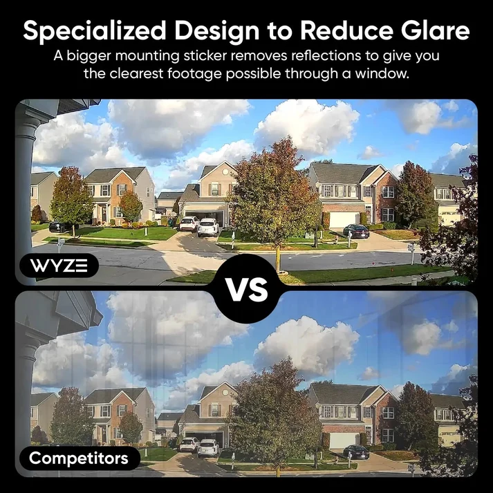 Specialized design to reduce glare — a bigger mounting sticker removes reflections for clearer footage through a window