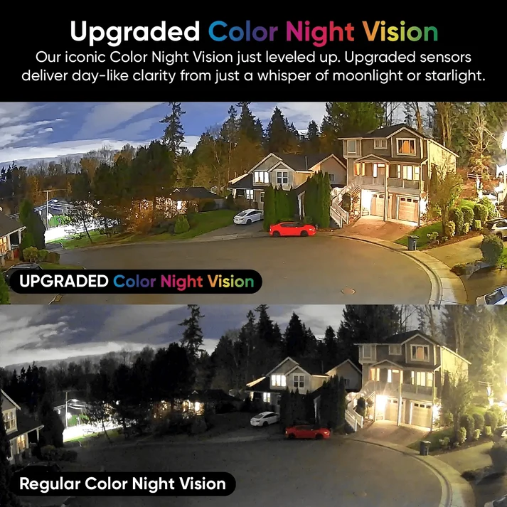 Upgraded color night vision showing day-like clarity compared with regular color night vision