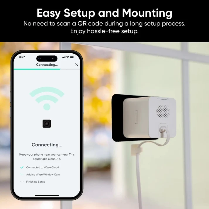 Easy setup and mounting for the Hyenterprise Window Security Cam through the app — no QR code scanning required