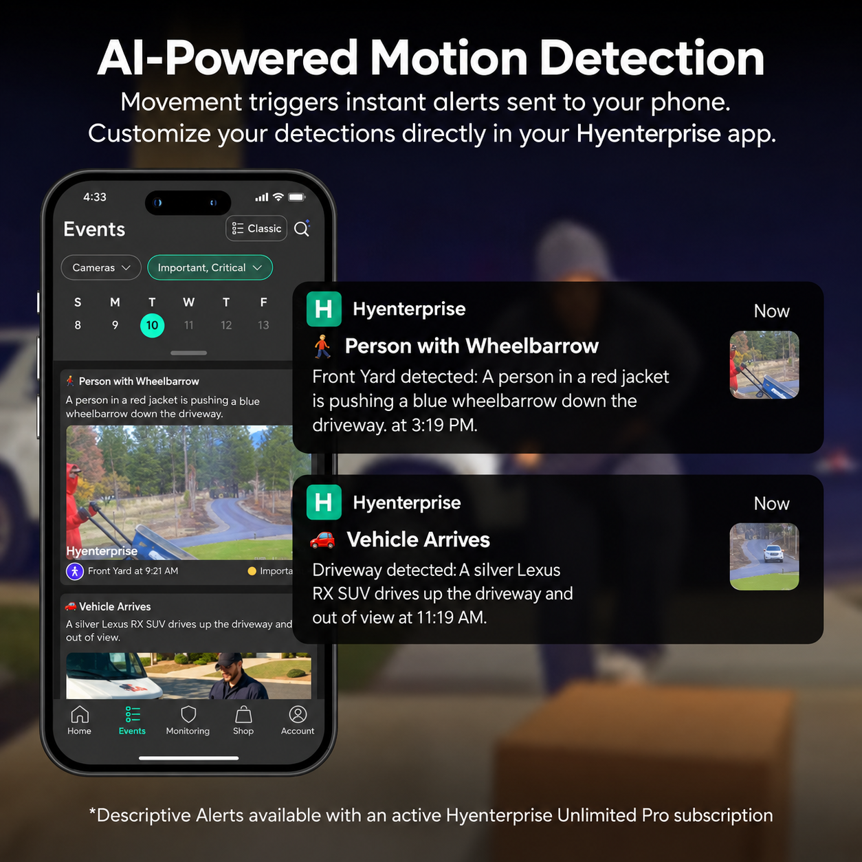 AI-powered motion detection sending instant person and vehicle alerts to your phone